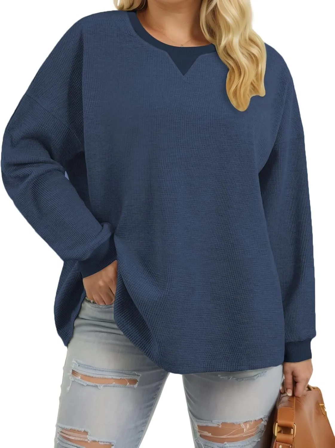 VISLILY Womens-Plus-Size-Sweatshirts Trendy Color Block Casual Long Sleeve Tops Waffle Knit Oversized Shirts Loose Fit Tunics