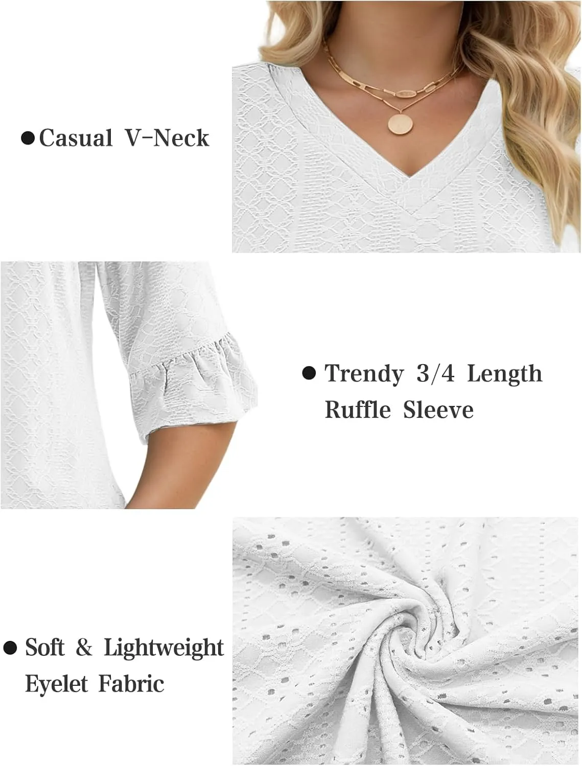 VISLILY Womens-Plus-Size-V-Neck-Tops Dressy 3/4 Length Ruffle Sleeve T Shirts Trendy Eyelet Blouses Casual Loose Tunics 1X-5X