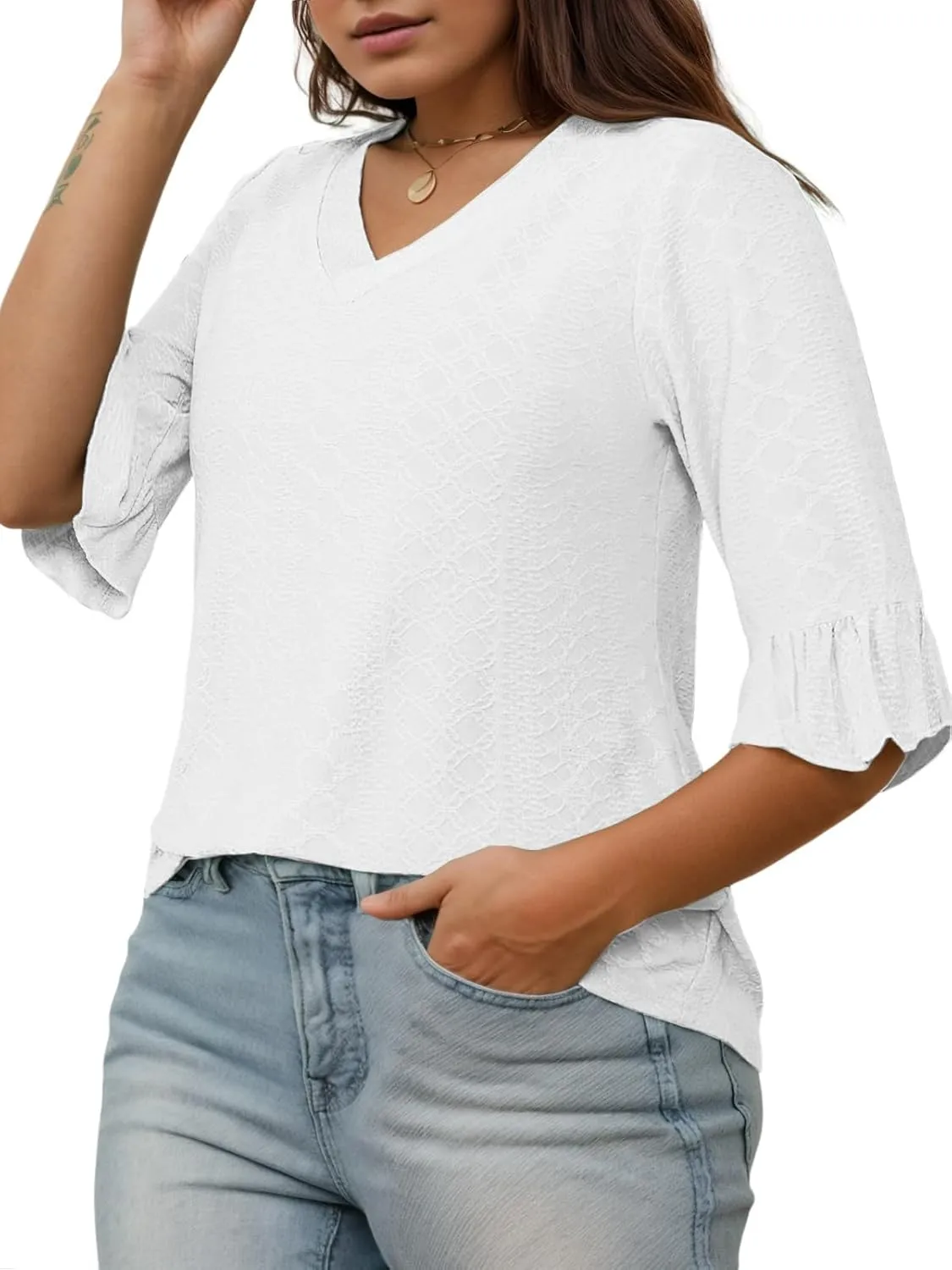 VISLILY Womens-Plus-Size-V-Neck-Tops Dressy 3/4 Length Ruffle Sleeve T Shirts Trendy Eyelet Blouses Casual Loose Tunics 1X-5X