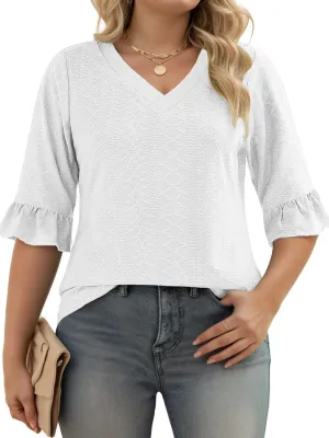 VISLILY Womens-Plus-Size-V-Neck-Tops Dressy 3/4 Length Ruffle Sleeve T Shirts Trendy Eyelet Blouses Casual Loose Tunics 1X-5X