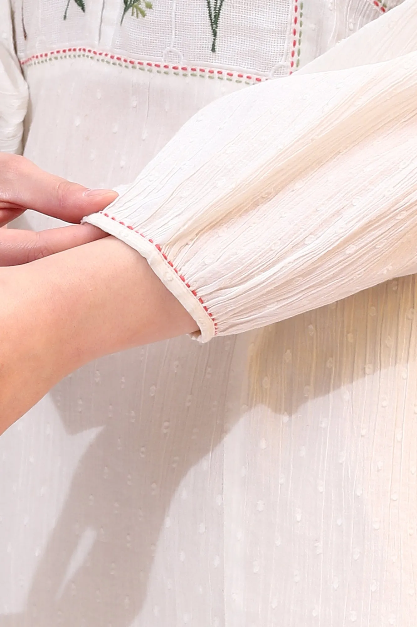 White Floral Thread Embroidered Yoke Textured Top