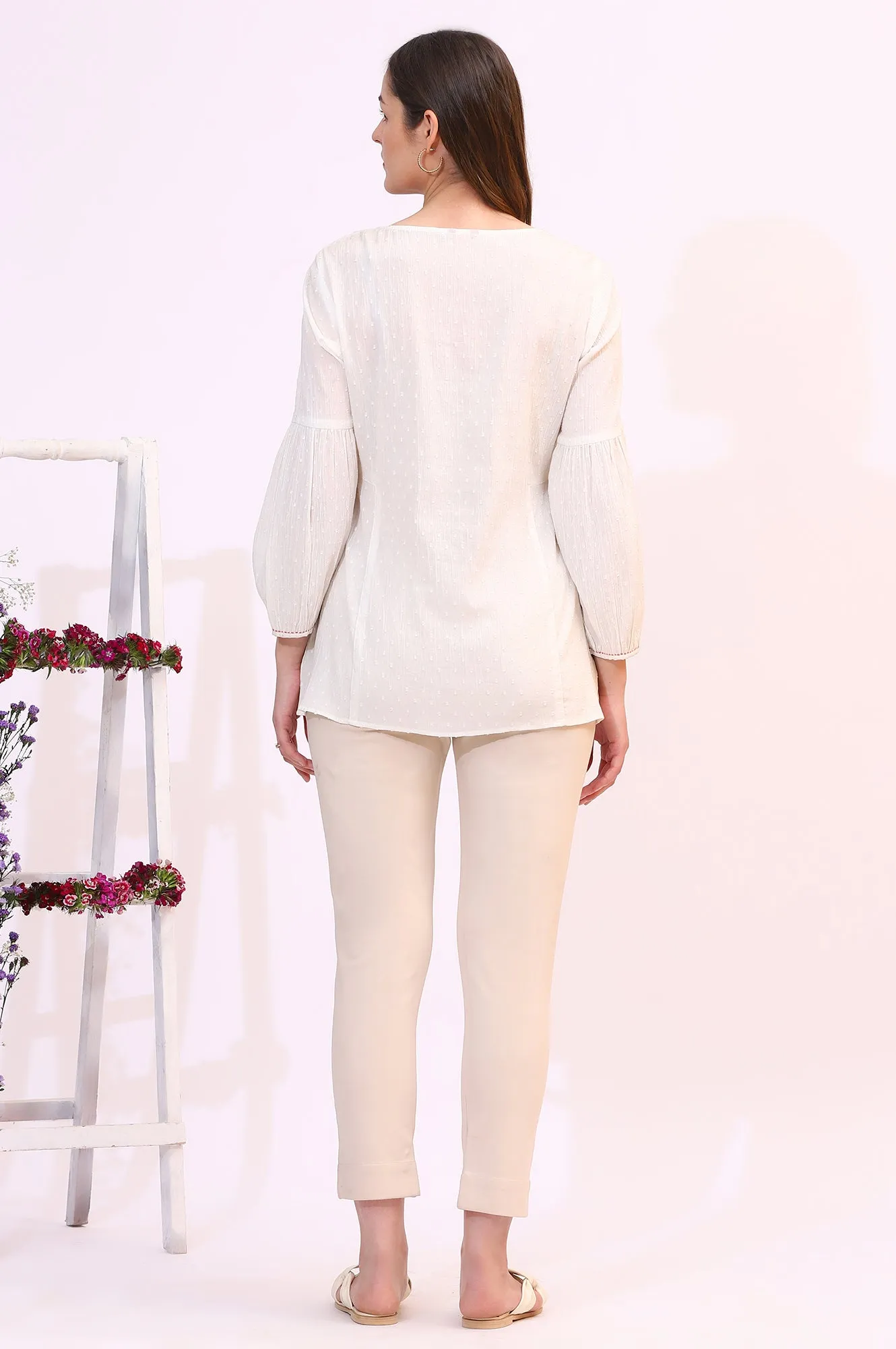White Floral Thread Embroidered Yoke Textured Top