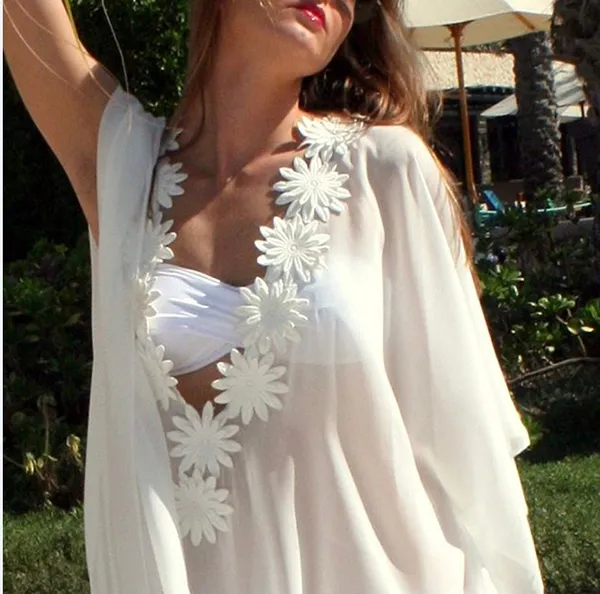 White Flowers Chiffon Maxi Dress #Maxi Dress #Beach Dress #White #