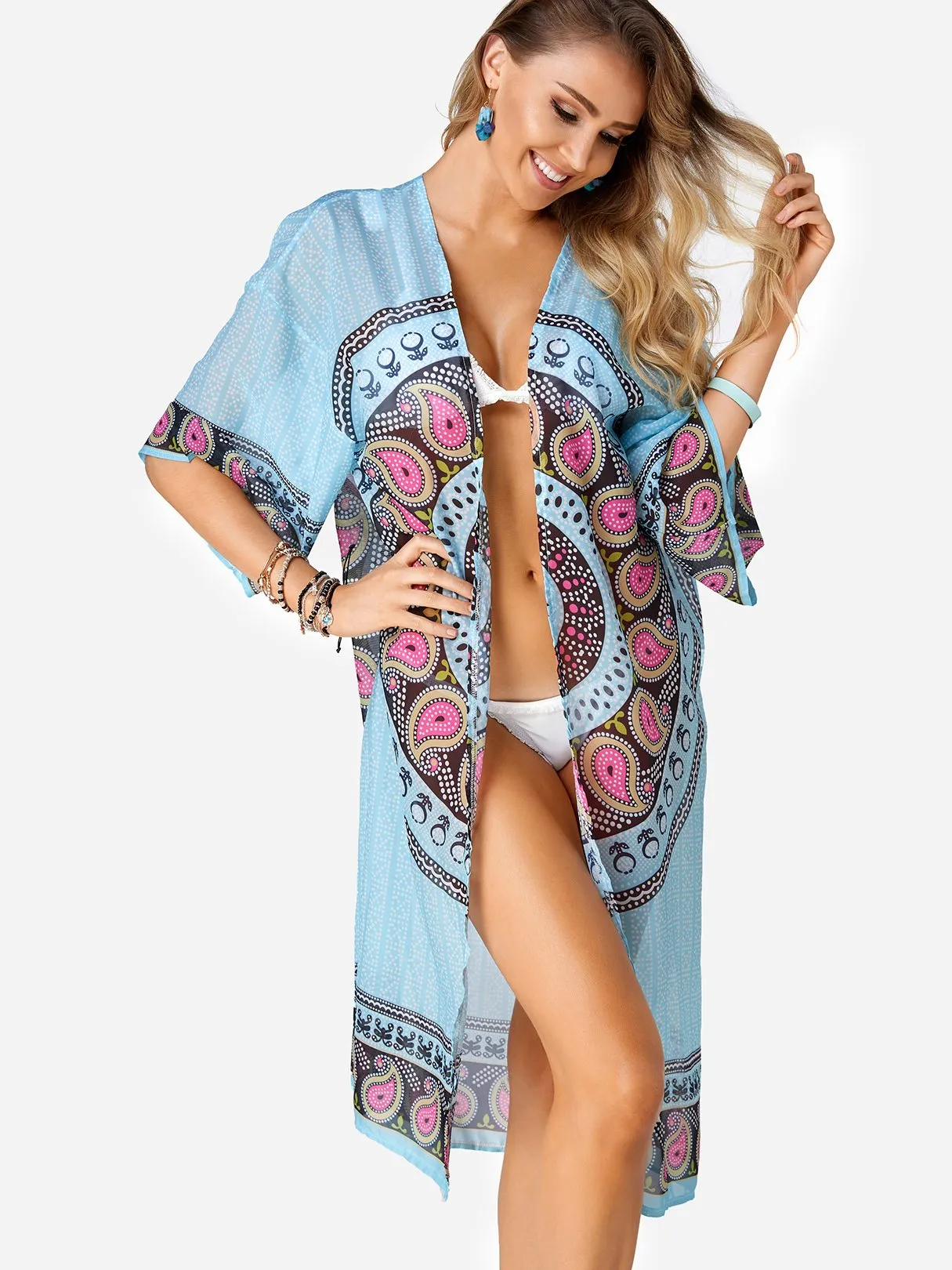Wholesale Blue Half Sleeve Floral Print Beach Top