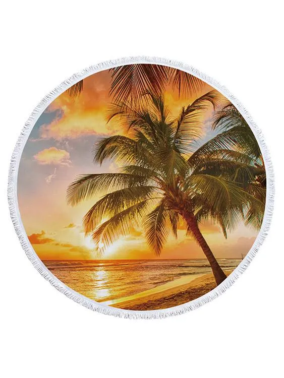 Wholesale Round Sunset Print Pattern Tessels Hem Beach Towel