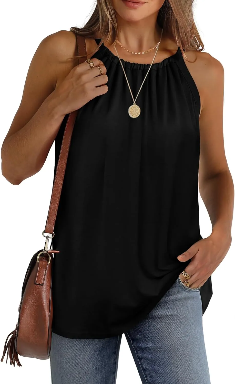 WIHOLL Summer Halter Neck Tank Tops for Women Pleated Loose Fit Sleeveless Tops Flowy