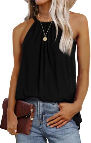 WIHOLL Summer Halter Neck Tank Tops for Women Pleated Loose Fit Sleeveless Tops Flowy