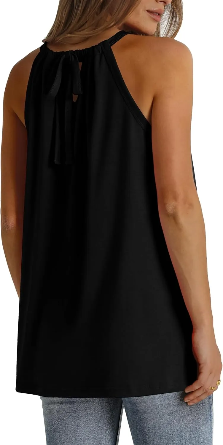 WIHOLL Summer Halter Neck Tank Tops for Women Pleated Loose Fit Sleeveless Tops Flowy