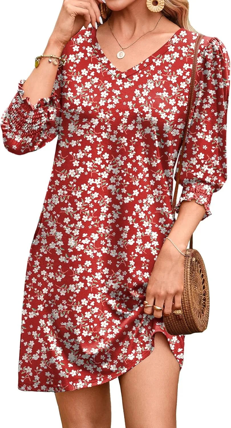 WIHOLL Women's Summer Dresses 3/4 Puff Sleeve Casual Sundress Dress with Pockets Beach Vacation 2025 Fashion