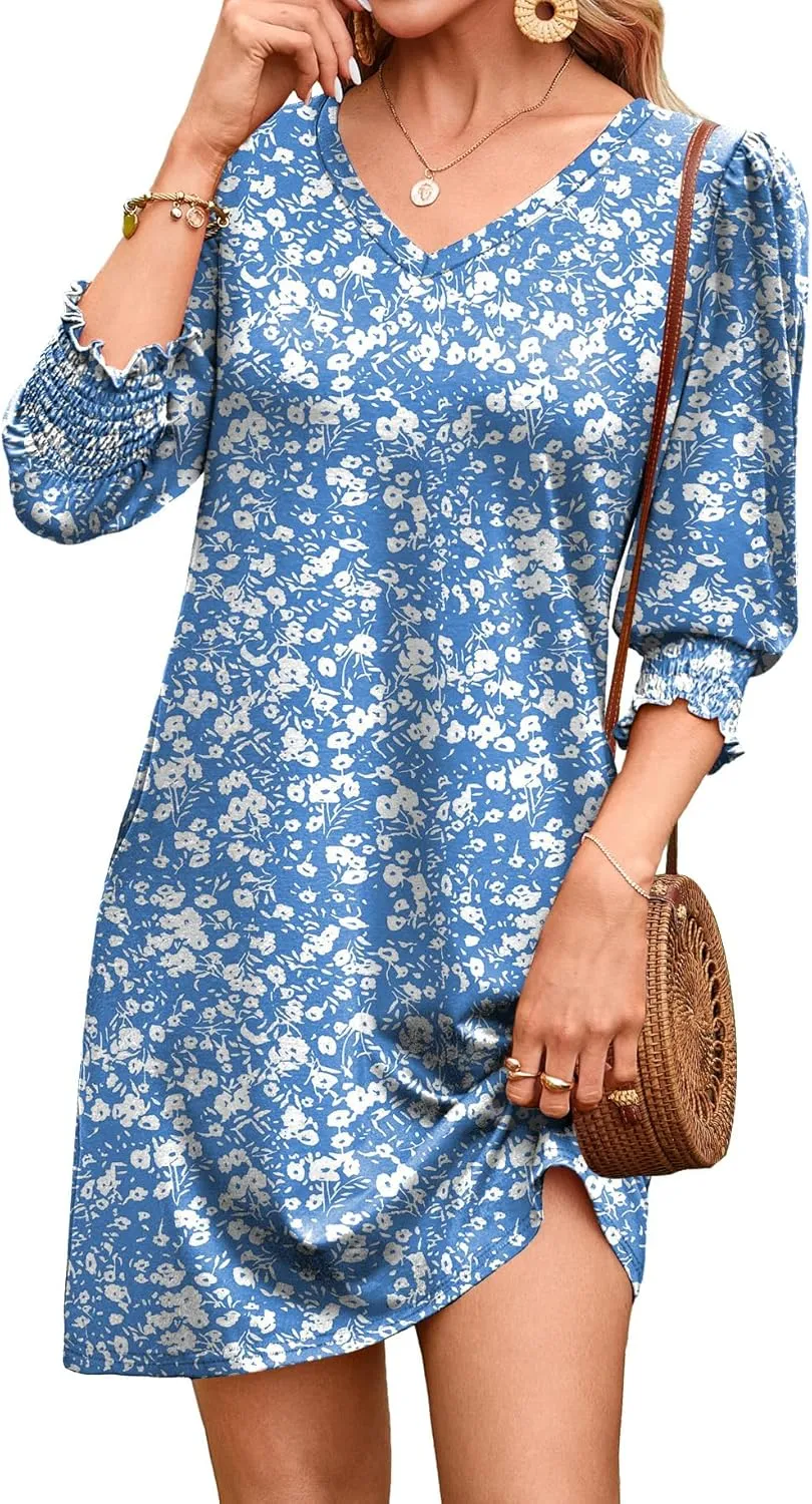 WIHOLL Women's Summer Dresses 3/4 Puff Sleeve Casual Sundress Dress with Pockets Beach Vacation 2025 Fashion