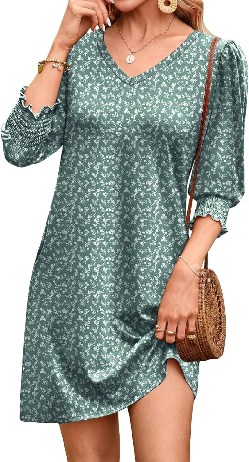 WIHOLL Women's Summer Dresses 3/4 Puff Sleeve Casual Sundress Dress with Pockets Beach Vacation 2025 Fashion