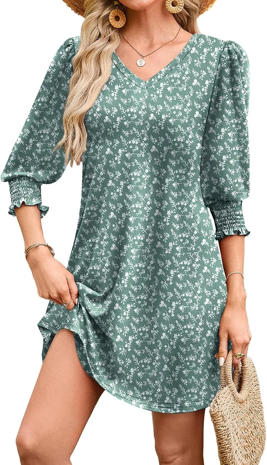 WIHOLL Women's Summer Dresses 3/4 Puff Sleeve Casual Sundress Dress with Pockets Beach Vacation 2025 Fashion