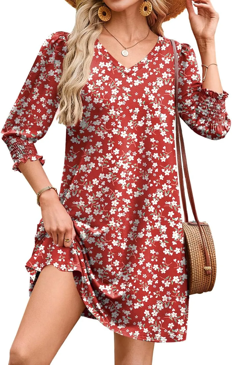 WIHOLL Women's Summer Dresses 3/4 Puff Sleeve Casual Sundress Dress with Pockets Beach Vacation 2025 Fashion