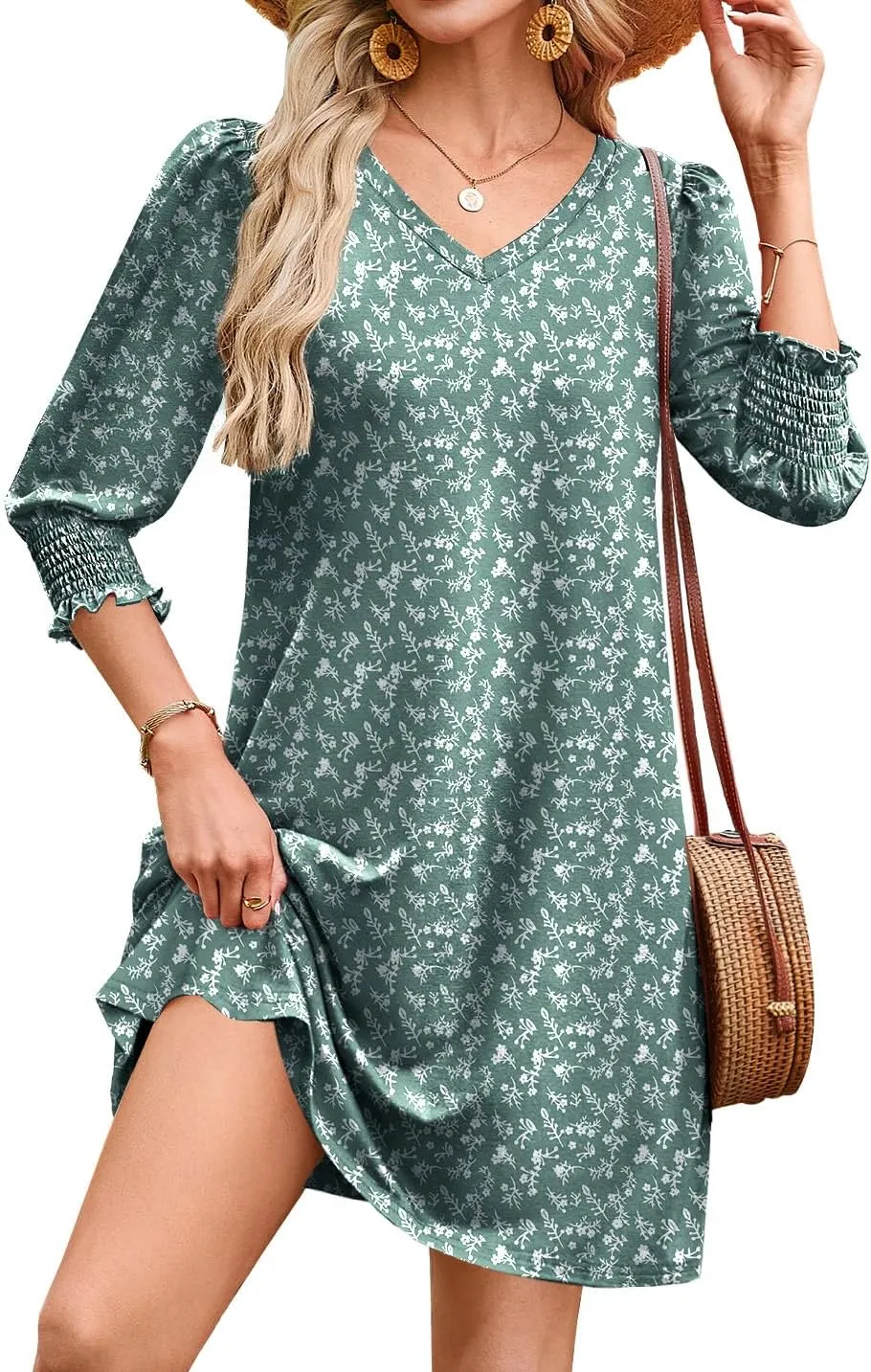 WIHOLL Women's Summer Dresses 3/4 Puff Sleeve Casual Sundress Dress with Pockets Beach Vacation 2025 Fashion