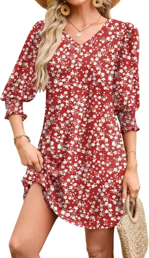 WIHOLL Women's Summer Dresses 3/4 Puff Sleeve Casual Sundress Dress with Pockets Beach Vacation 2025 Fashion