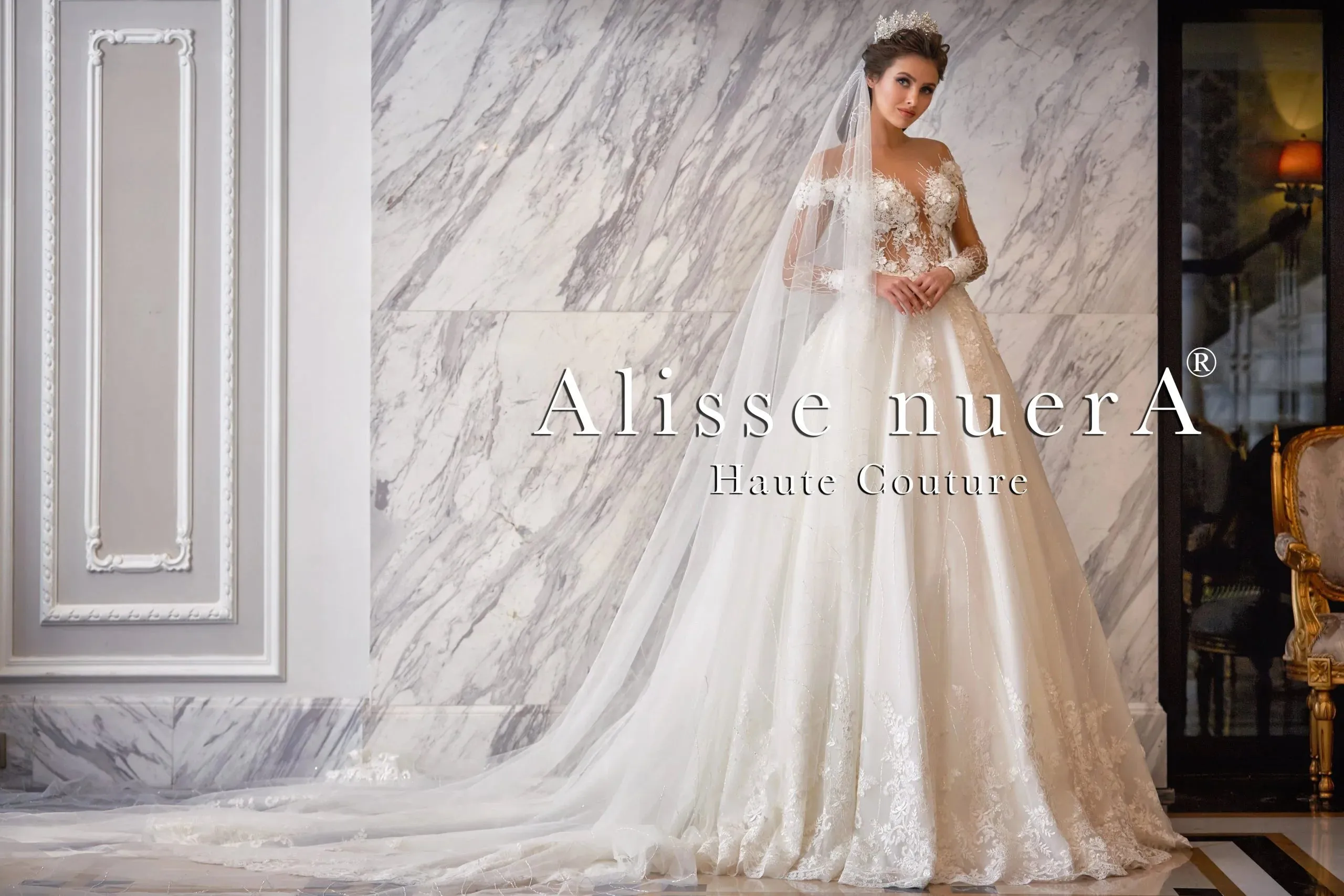 Winter White Princess Wedding Gown with Off Shoulder Illusion Transparent Long Sleeve