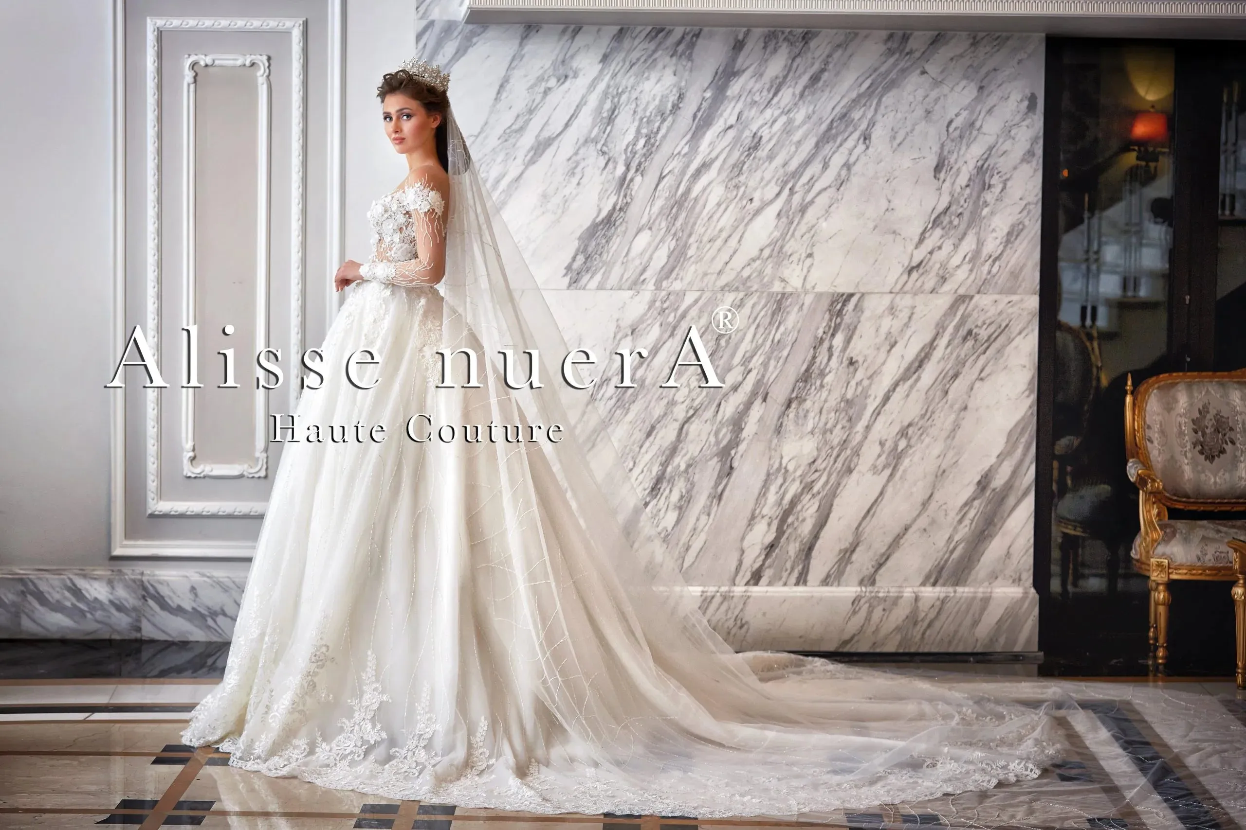 Winter White Princess Wedding Gown with Off Shoulder Illusion Transparent Long Sleeve