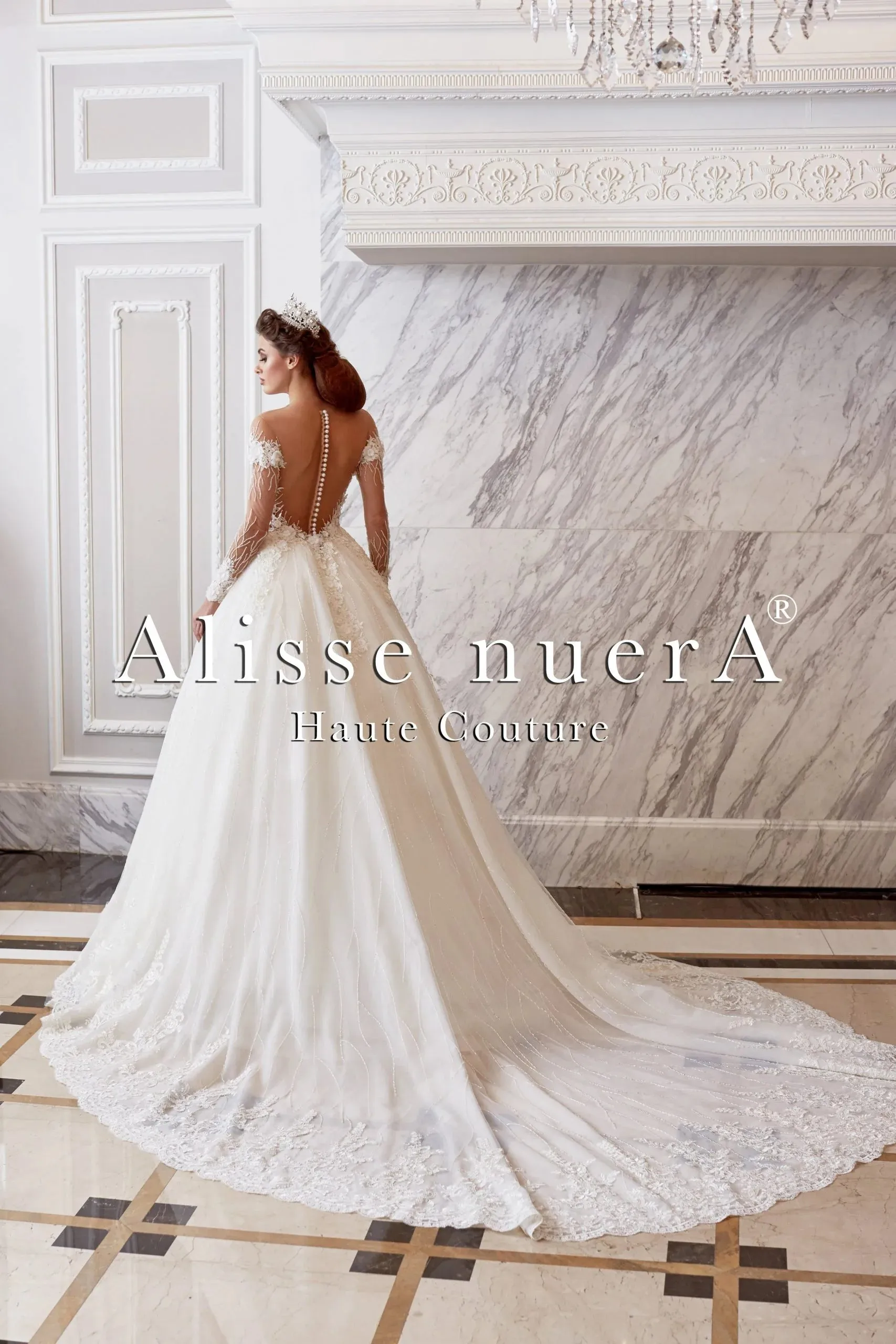 Winter White Princess Wedding Gown with Off Shoulder Illusion Transparent Long Sleeve