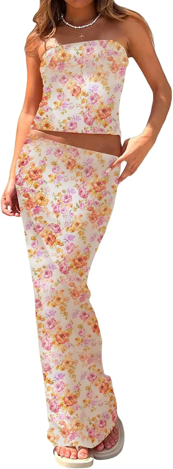 Women 2 Piece Skirt Sets Sexy Cami Top and Long Skirt Set Ruffled Satin Lace Patchwork Two Piece Skirt Outfit