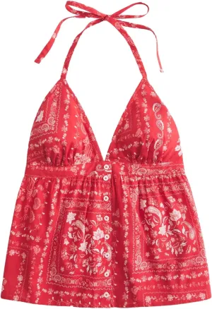 Women Floral Deep V Neck Halter Tops Sleeveless Button Down Backless A Line Camisole Ruffle A Line Babydoll Shirt