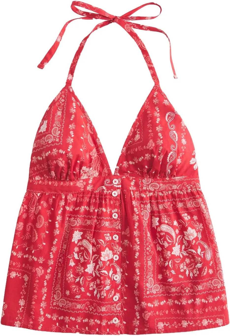 Women Floral Deep V Neck Halter Tops Sleeveless Button Down Backless A Line Camisole Ruffle A Line Babydoll Shirt