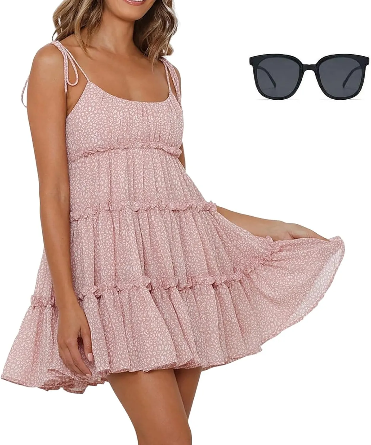 Women Floral Mini Dress, 2025 Casual Summer Spaghetti Strap Boho Sundress, Cute Y2K Chiffon Flowy Ruffle Tiered Dresses