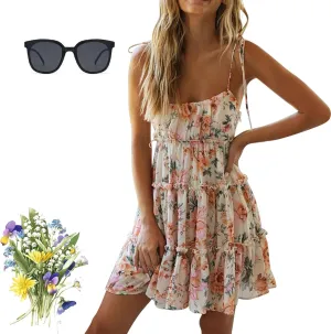 Women Floral Mini Dress, 2025 Casual Summer Spaghetti Strap Boho Sundress, Cute Y2K Chiffon Flowy Ruffle Tiered Dresses