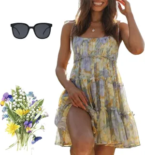 Women Floral Mini Dress, 2025 Casual Summer Spaghetti Strap Boho Sundress, Cute Y2K Chiffon Flowy Ruffle Tiered Dresses