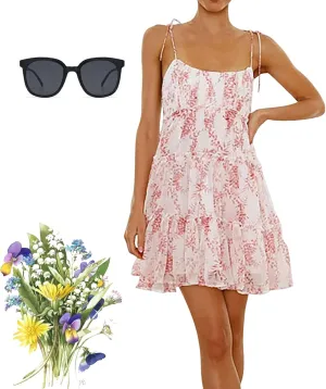 Women Floral Mini Dress, 2025 Casual Summer Spaghetti Strap Boho Sundress, Cute Y2K Chiffon Flowy Ruffle Tiered Dresses