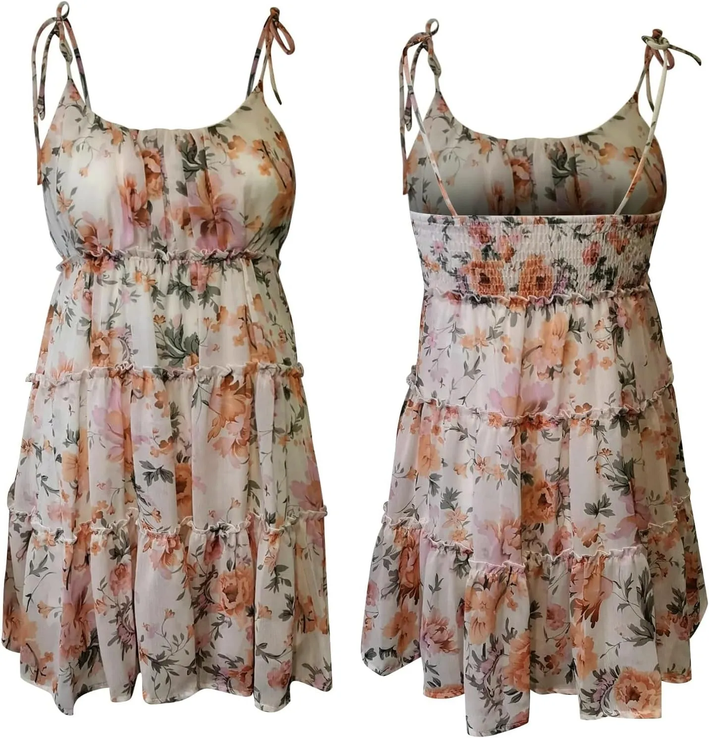 Women Floral Mini Dress, 2025 Casual Summer Spaghetti Strap Boho Sundress, Cute Y2K Chiffon Flowy Ruffle Tiered Dresses