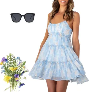 Women Floral Mini Dress, 2025 Casual Summer Spaghetti Strap Boho Sundress, Cute Y2K Chiffon Flowy Ruffle Tiered Dresses