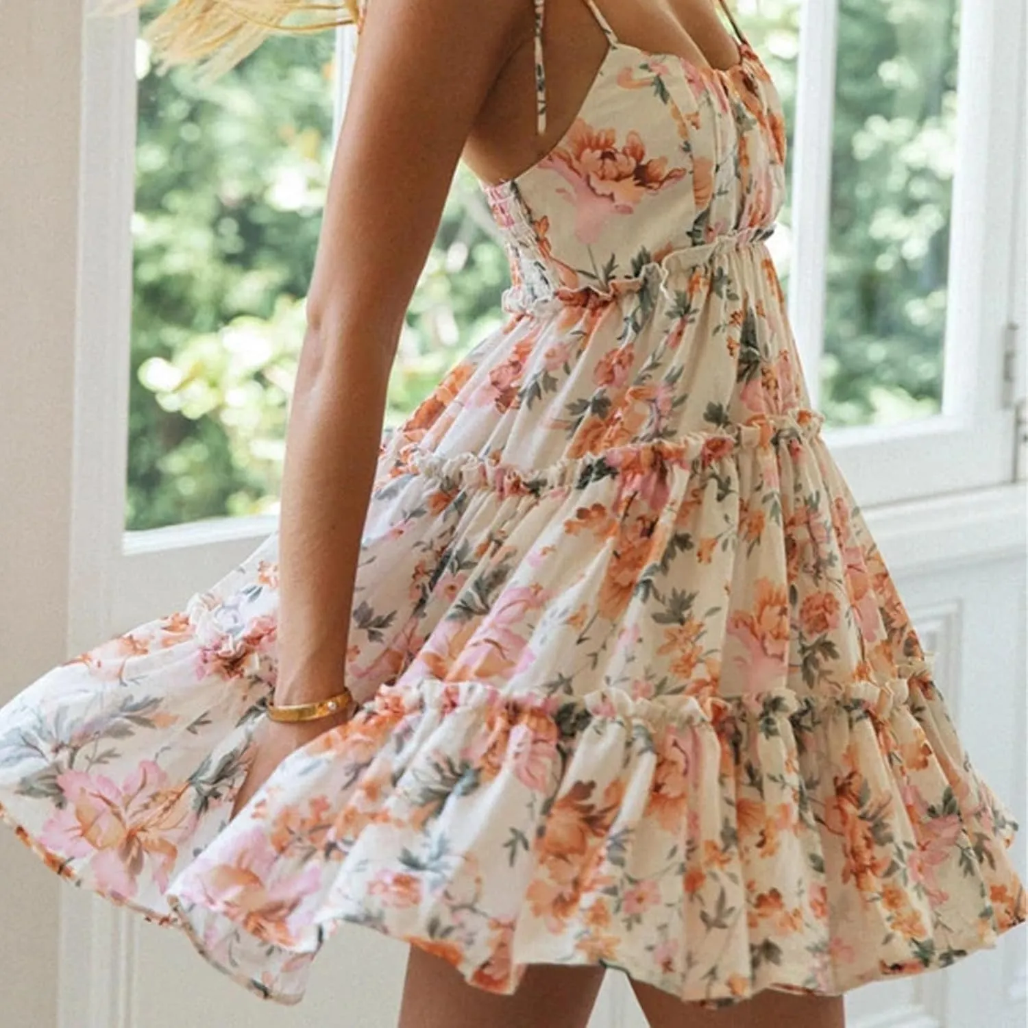 Women Floral Mini Dress, 2025 Casual Summer Spaghetti Strap Boho Sundress, Cute Y2K Chiffon Flowy Ruffle Tiered Dresses