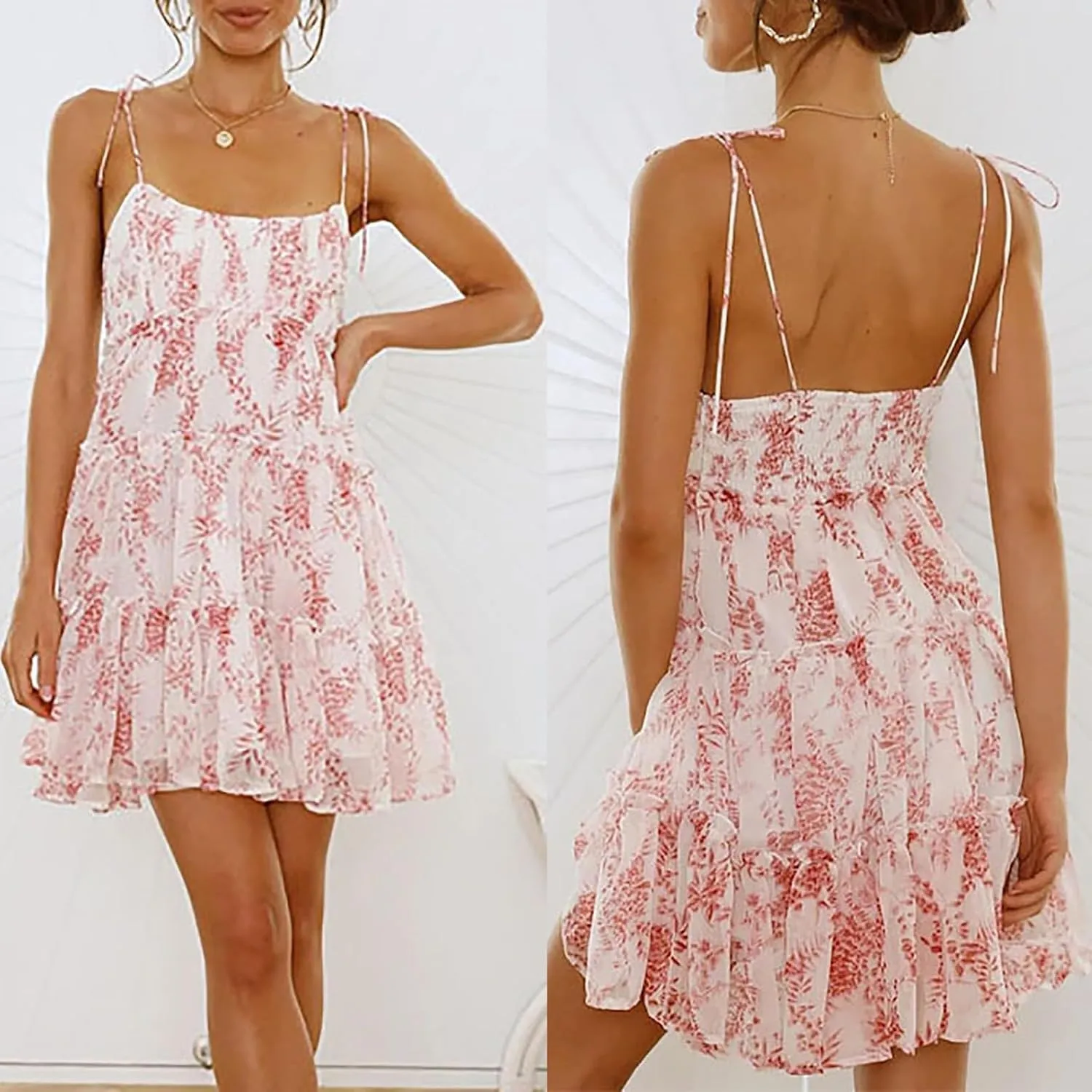 Women Floral Mini Dress, 2025 Casual Summer Spaghetti Strap Boho Sundress, Cute Y2K Chiffon Flowy Ruffle Tiered Dresses