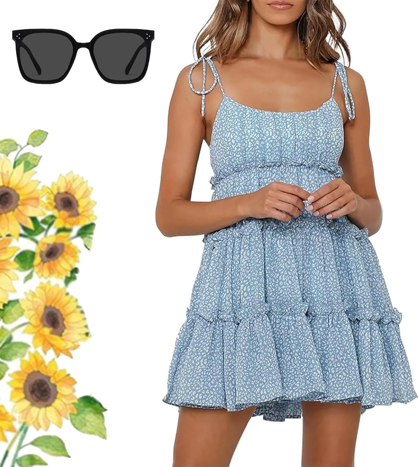 Women Floral Mini Dress Spaghetti Strap Ruffle Tiered Dress, 2025 Boho Flowy Skater Sleeveless Beach Dresses Sundresses
