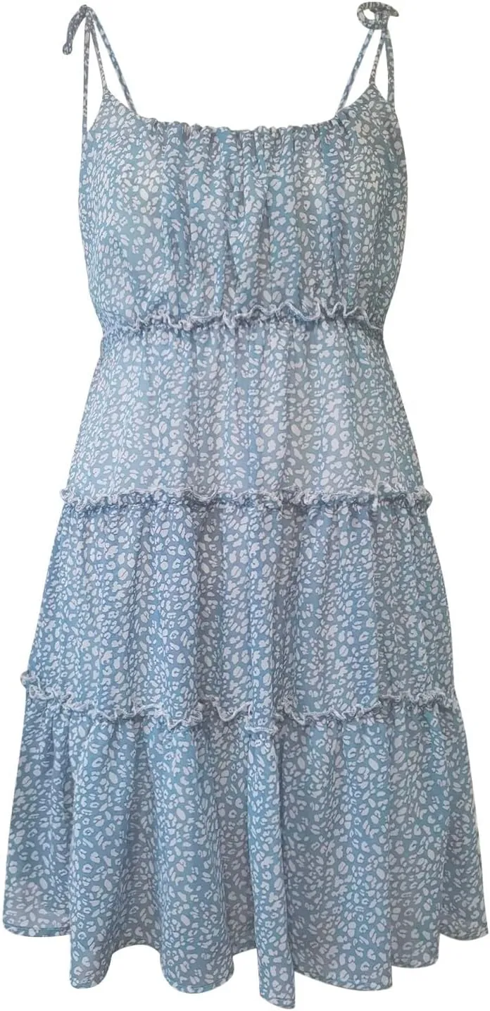 Women Floral Mini Dress Spaghetti Strap Ruffle Tiered Dress, 2025 Boho Flowy Skater Sleeveless Beach Dresses Sundresses