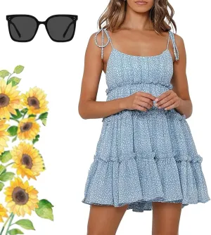 Women Floral Mini Dress Spaghetti Strap Ruffle Tiered Dress, 2025 Boho Flowy Skater Sleeveless Beach Dresses Sundresses