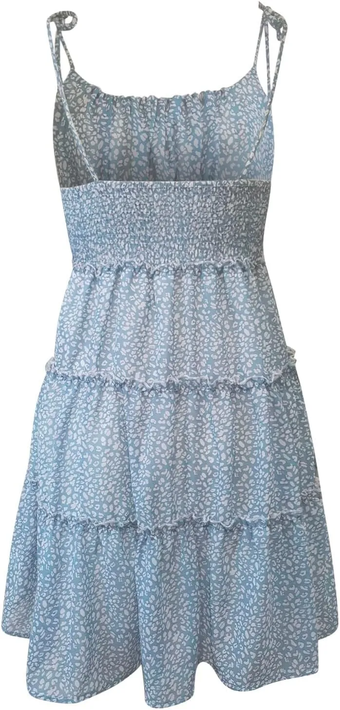 Women Floral Mini Dress Spaghetti Strap Ruffle Tiered Dress, 2025 Boho Flowy Skater Sleeveless Beach Dresses Sundresses