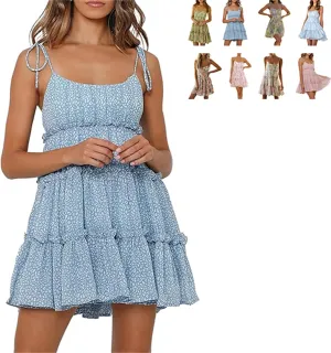 Women Floral Mini Dress Spaghetti Strap Ruffle Tiered Dress Boho Summer Spaghetti Strap Skater Dresses