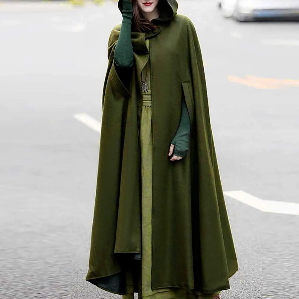 Women Hooded Trench Coat Open Front Cardigan Cloak Trendy Halloween Cosplay Costumes Tops Plain Long Hoodie Jacket Cape
