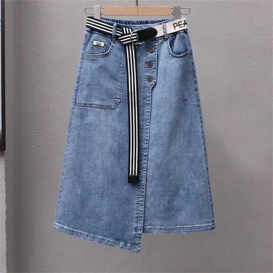 Women Irregular Denim Skirt for Elastic High Waisted A-Line Buttocks Wrapped Skirts for