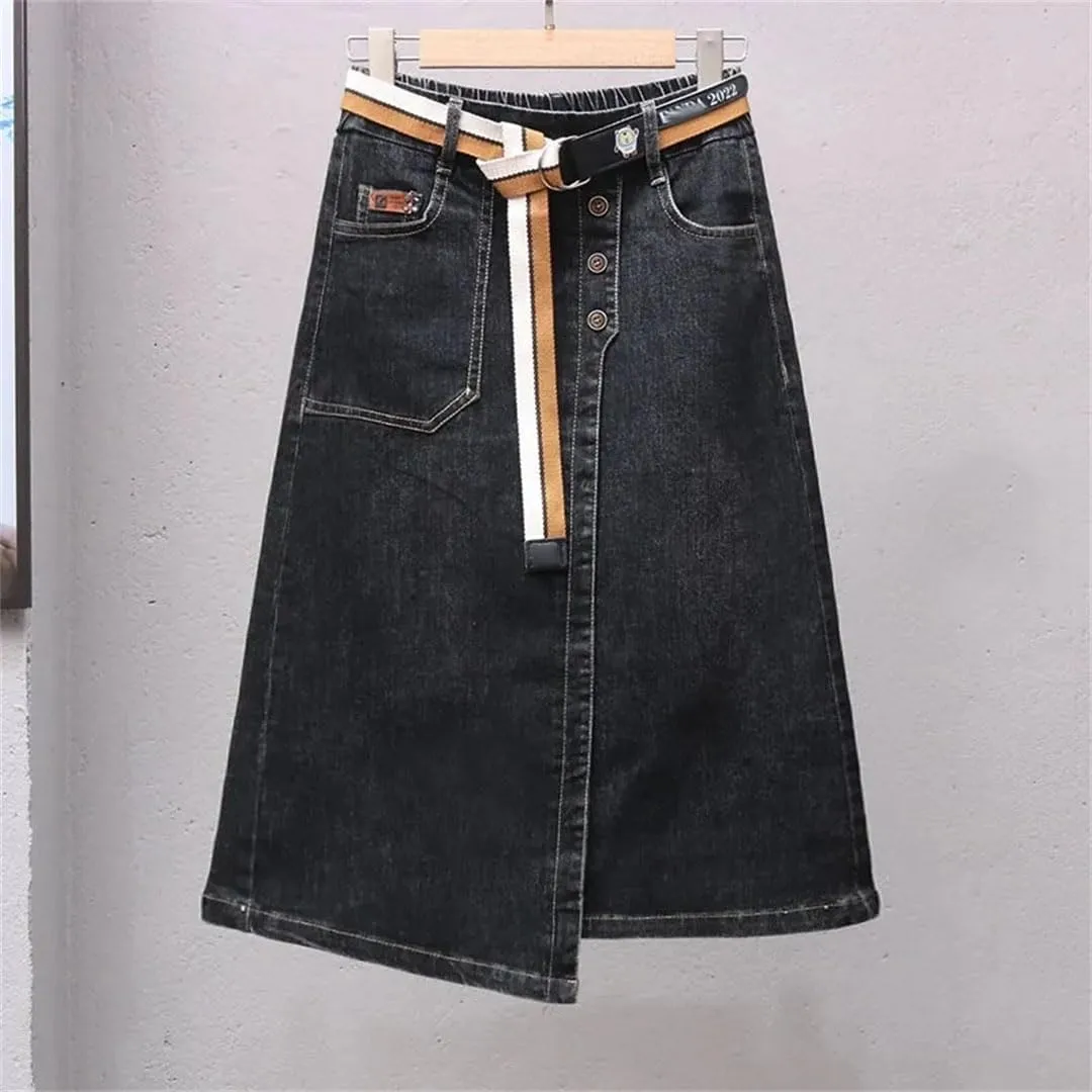 Women Irregular Denim Skirt for Elastic High Waisted A-Line Buttocks Wrapped Skirts for