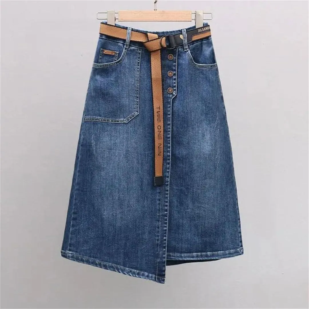 Women Irregular Denim Skirt for Elastic High Waisted A-Line Buttocks Wrapped Skirts for