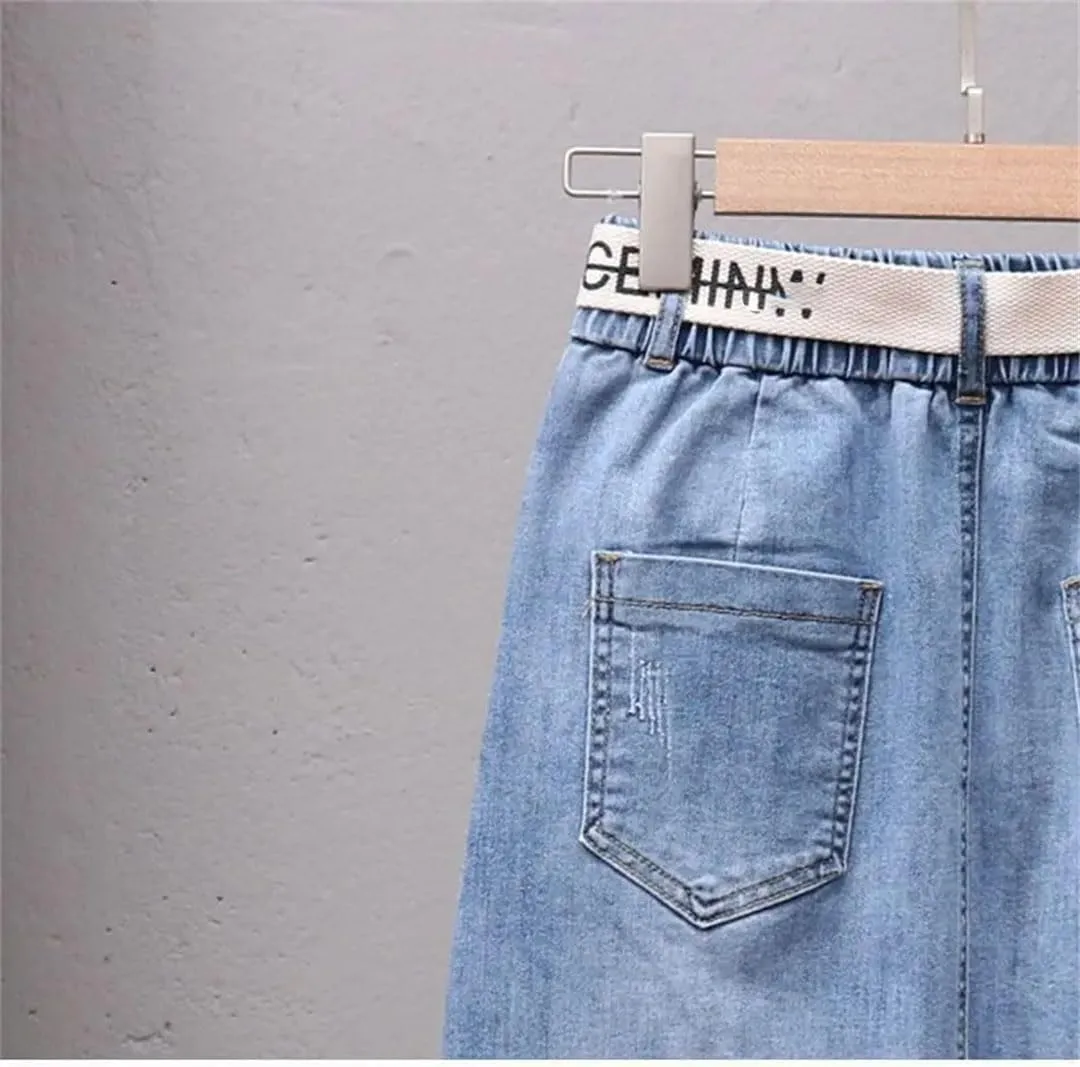 Women Irregular Denim Skirt for Elastic High Waisted A-Line Buttocks Wrapped Skirts for