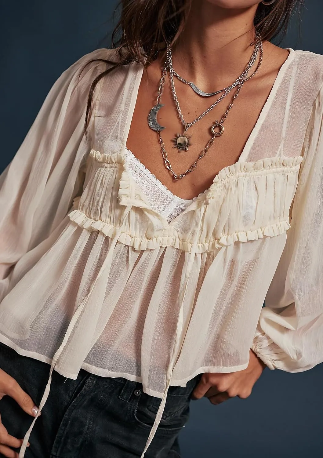 Women Lace Tie Front Top Y2k Coquette Long Sleeve Button Up Chiffon Cardigan Flowy Boho Peplum Shirt Going Out Tops