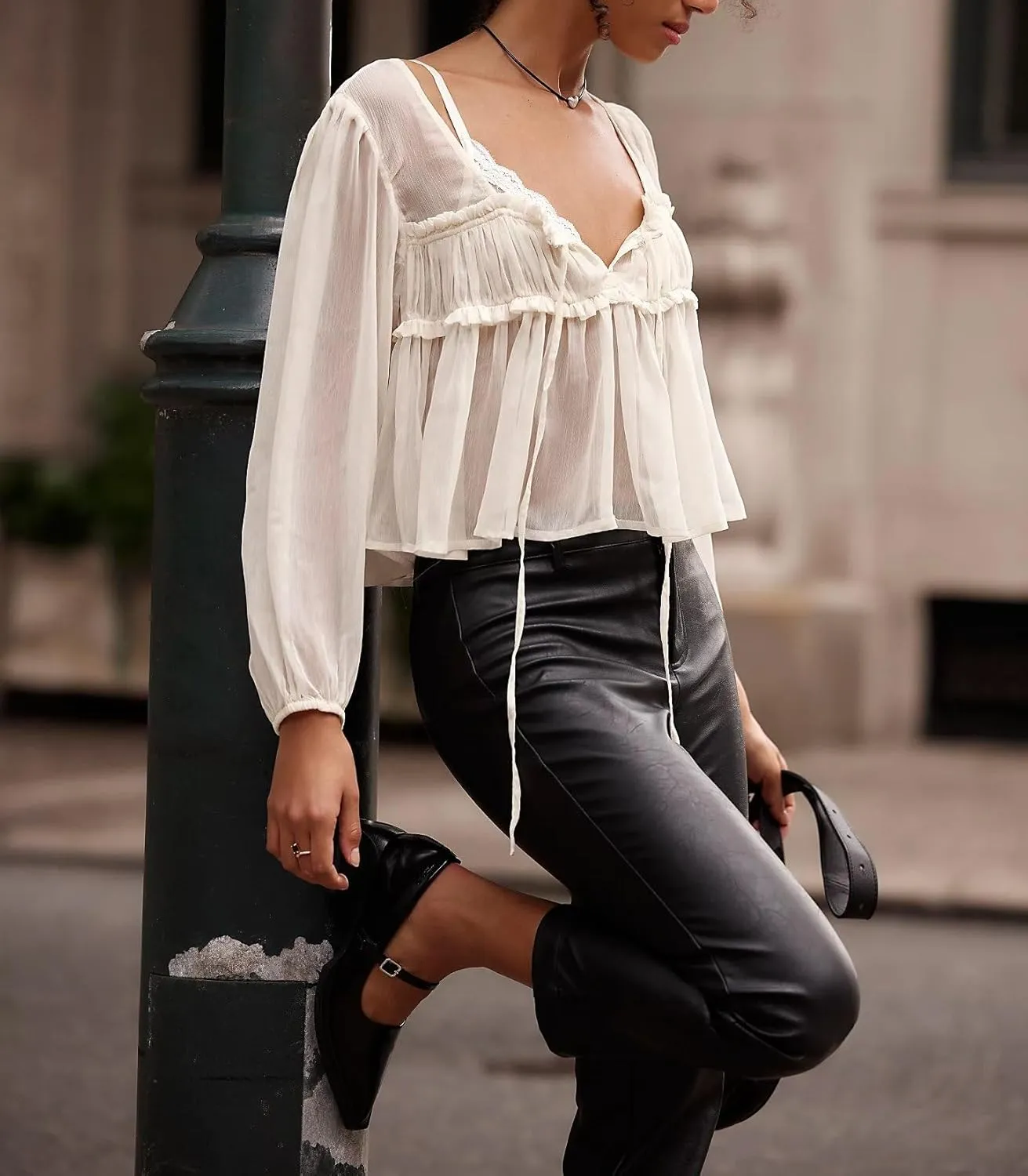 Women Lace Tie Front Top Y2k Coquette Long Sleeve Button Up Chiffon Cardigan Flowy Boho Peplum Shirt Going Out Tops