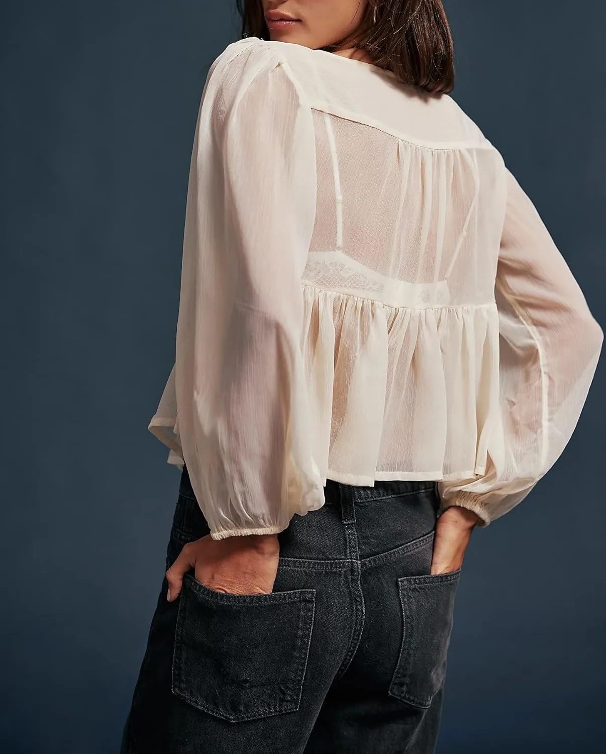 Women Lace Tie Front Top Y2k Coquette Long Sleeve Button Up Chiffon Cardigan Flowy Boho Peplum Shirt Going Out Tops