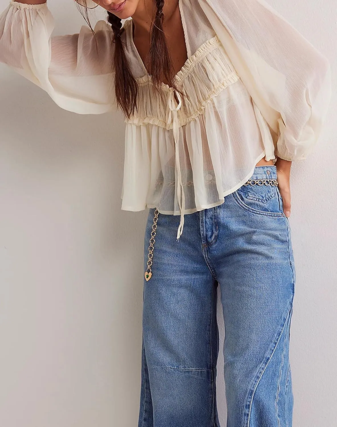 Women Lace Tie Front Top Y2k Coquette Long Sleeve Button Up Chiffon Cardigan Flowy Boho Peplum Shirt Going Out Tops