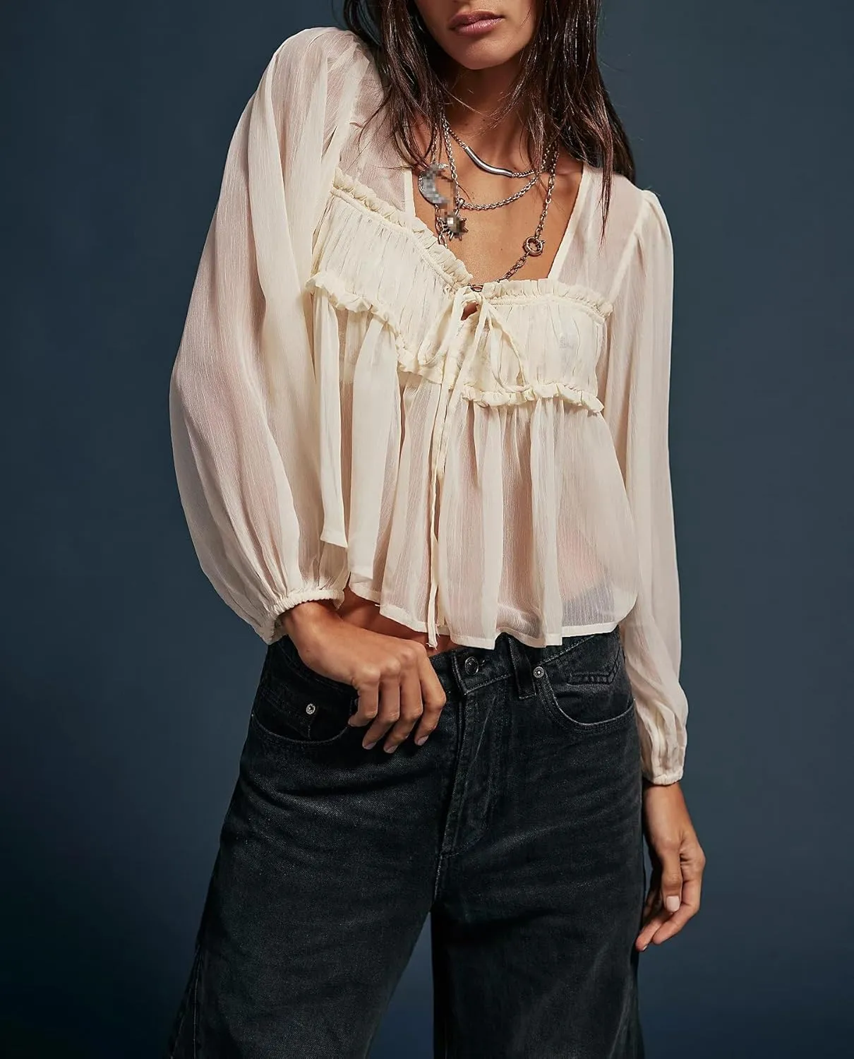 Women Lace Tie Front Top Y2k Coquette Long Sleeve Button Up Chiffon Cardigan Flowy Boho Peplum Shirt Going Out Tops