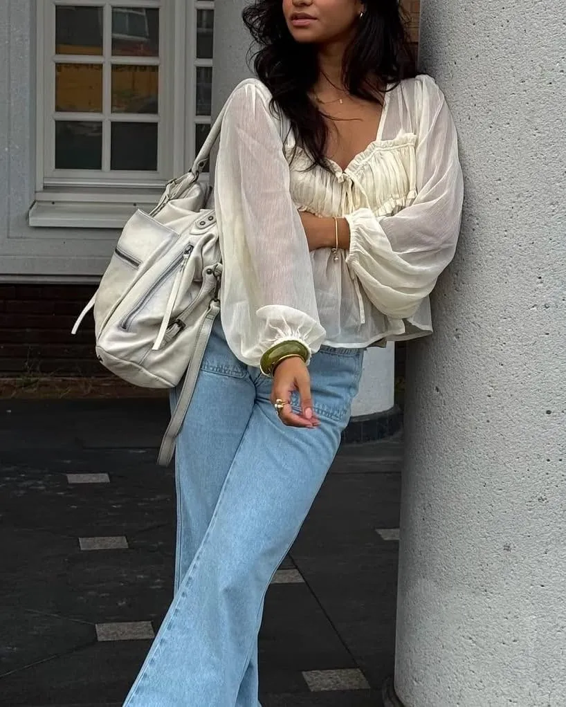 Women Lace Tie Front Top Y2k Coquette Long Sleeve Button Up Chiffon Cardigan Flowy Boho Peplum Shirt Going Out Tops