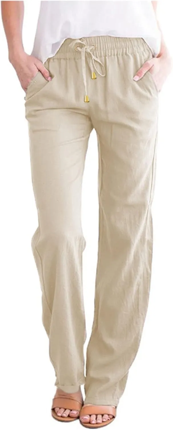 Women Linen Pants 2025 Summer Trendy High Waist Straight Leg Drawstring Loose Fit Trousers with Side Pockets